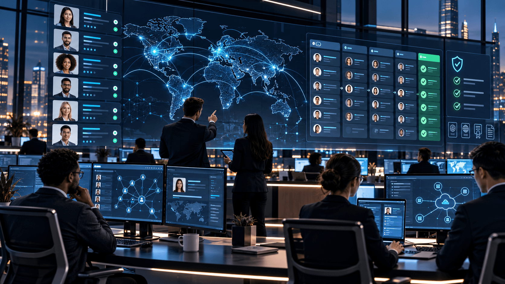 Global technology staffing operations room with hiring pipelines and compliance screens